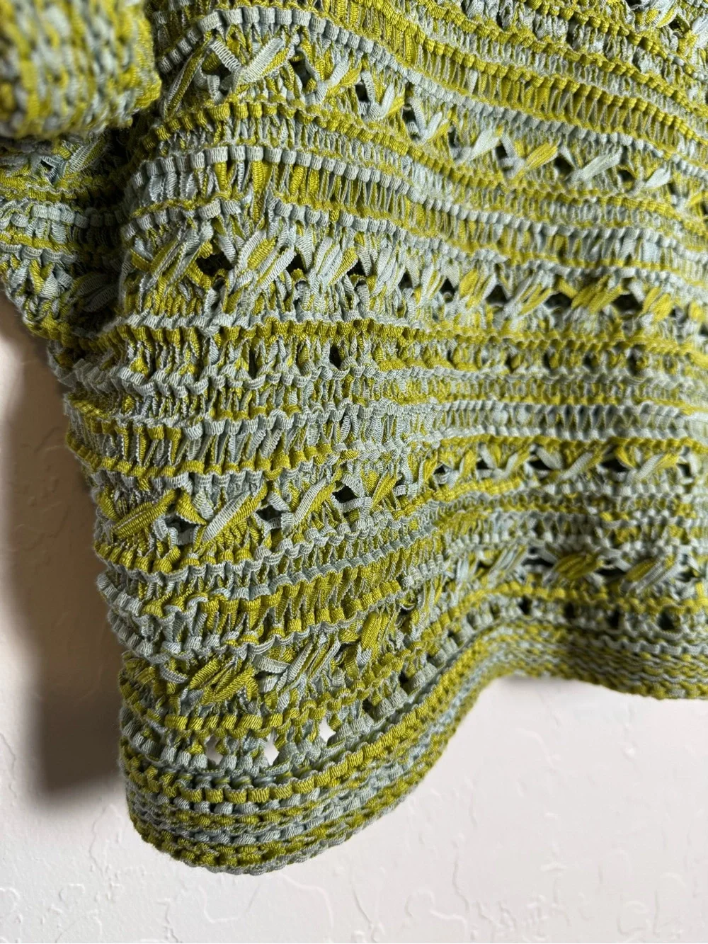 Vertigo Paris Open Knit V-Neck Sweater Lime Green Space Dye Crochet Short Sleeve